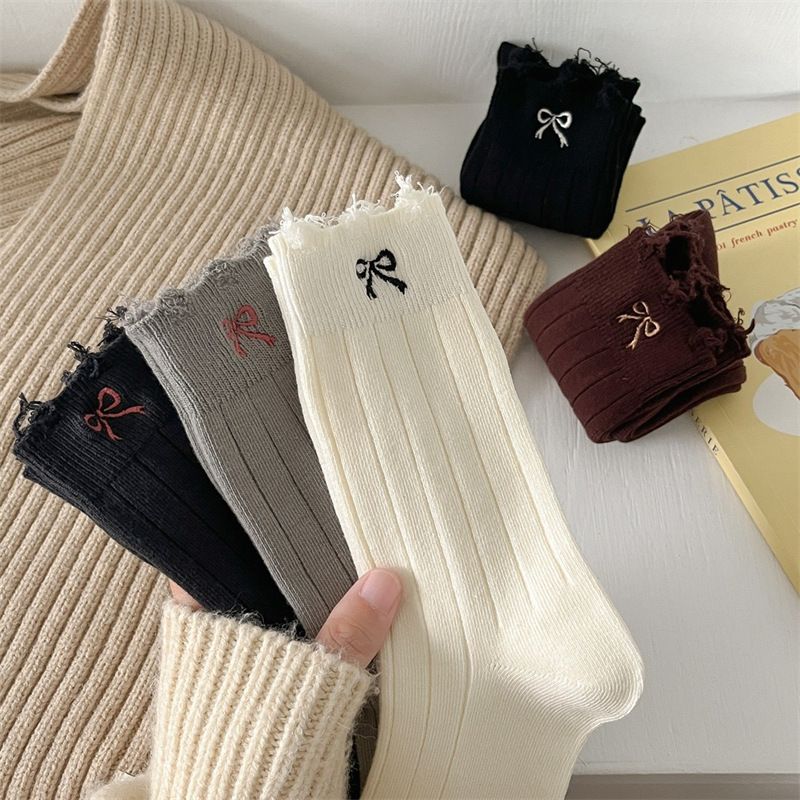 Fashionable Crew Socks With Bow & Ripped Details - Soft Cotton, Unisex Casual Socks For Men And Women, Breathable & Comfortable, Trendy Everyday Wear_voghion.com