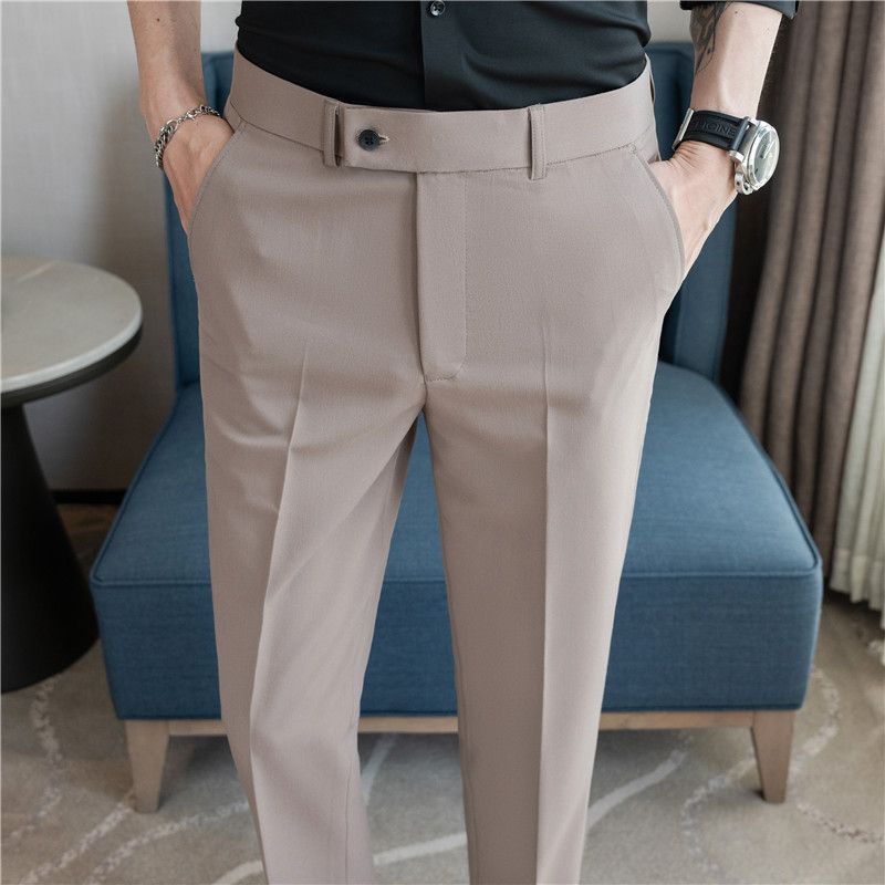 Summer new men's casual trousers, thin comfortable small straight nine-point trousers, elastic and drape on all sides, white trousers_voghion.com