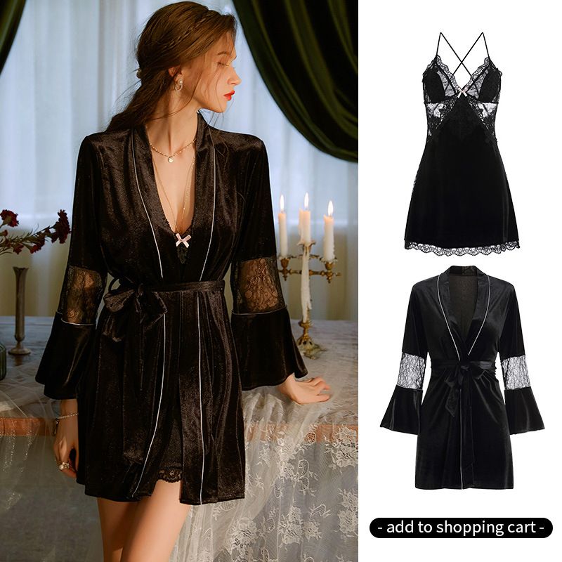 Camicia da notte sexy per donna, in velluto autunnale e invernale con imbottiture per il petto, camicia da notte con canotta in pizzo e schiena scoperta, vestaglia erotica,_voghion.com