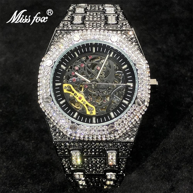 Dropshipping Diamond Watch For Men Gold Ice Out Automatic Watches Hiphop Bling Shiny Skeleton Mechanical Brand Clock_voghion.com