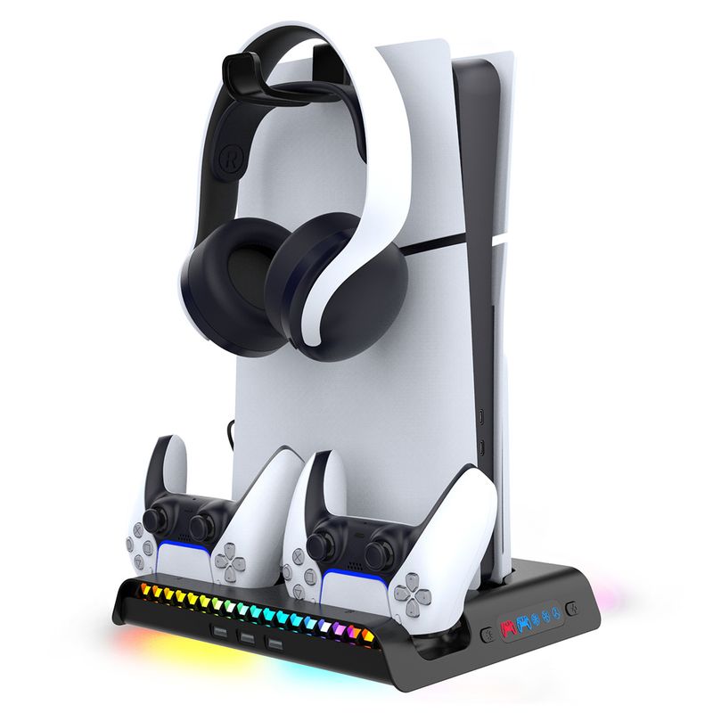 Spezielles Sitzladegerät für PS5 Slim/PS5 PRO, Wärmeableitung von Griff und Host, RGB-Lichteffekt, Lüftereinstellung im dritten Gang, USB-Erweiterung_voghion.com