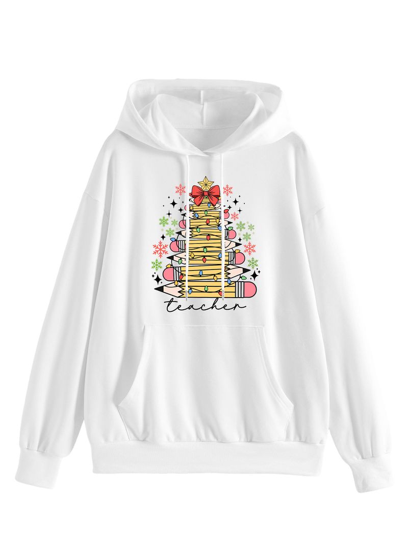Autumn And Winter Loose Plus Size Fashion Teacher Pencil Light Bulb Women's Hooded Sweatshirt_voghion.com