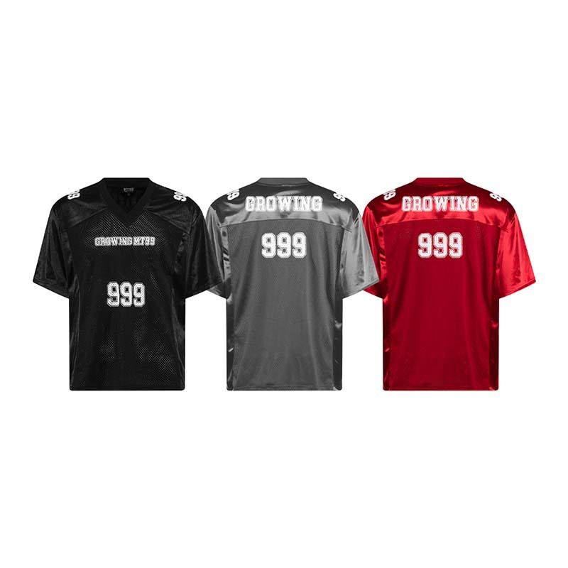 Maillot de sport à col en V et manches courtes pour homme, imprimé lettres et chiffres, en maille patchwork, tendance et ample_voghion.com