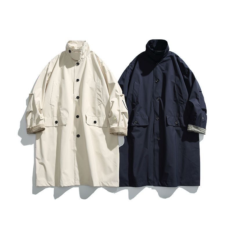 Trench da uomo di media lunghezza, stile streetwear, casual e ampio, con colletto rialzato, alla moda e a tre prove_voghion.com