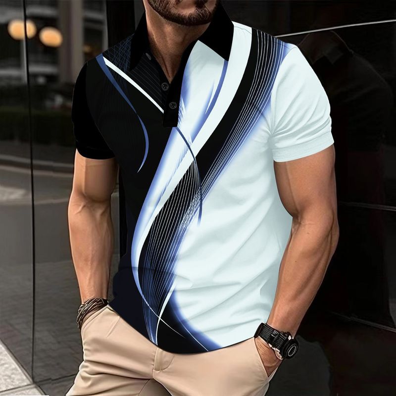 Men's Casual Polo Shirt Printed Lapel Button Business Color Matching All Match T Shirt_voghion.com