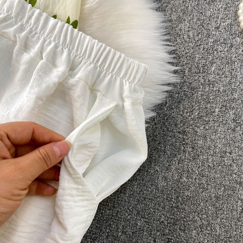 Retro V-hals bedrukte losse top met middellange lengte en hoge taille, rechte, wijde broek - 2-delige set_voghion.com