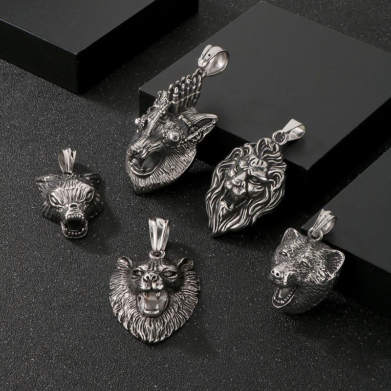Collana antica a forma di animale da uomo, stile punk, con ciondolo a forma di testa di leone, testa di lupo, volpe, acciaio al titanio_voghion.com