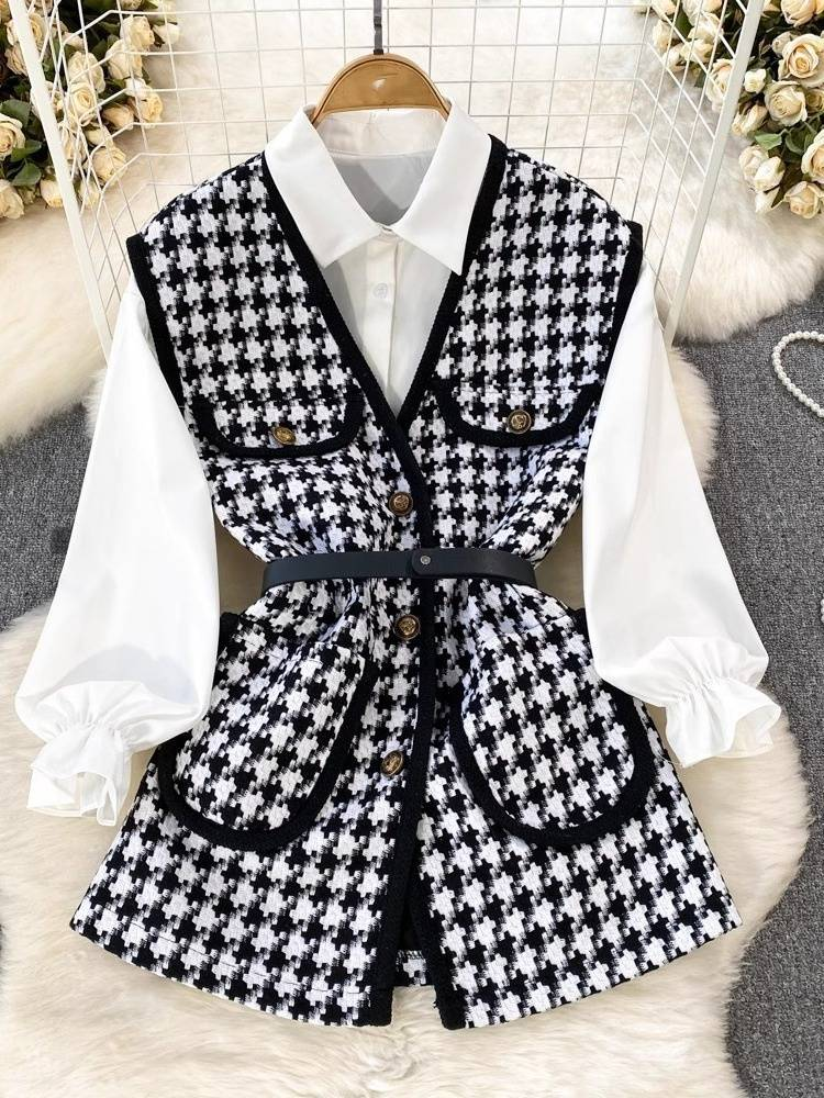 Chemise à manches longues pour femmes, vêtements de tempérament, taille, à la mode, col en V, pied-de-poule, gilet en tweed, costume deux pièces_voghion.com