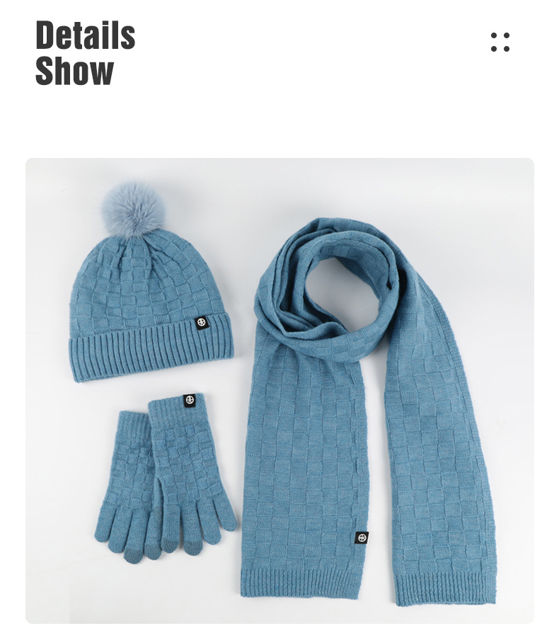Unisex wintersjaal driedelige set met fluwelen, warme wollen bol gebreide muts, sjaal en handschoenen driedelige set_voghion.com