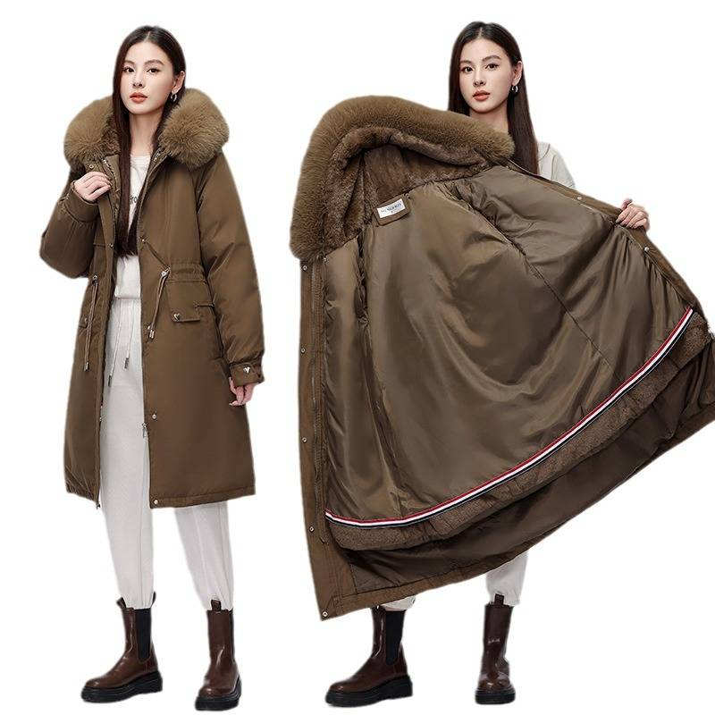Damenbekleidung Plus Samt Slim Fit Parka Baumwollmantel mit großem Pelzkragen und verlängertem Stil mit herausnehmbarem Futter und Live-Futter Baumwollmantel_voghion.com