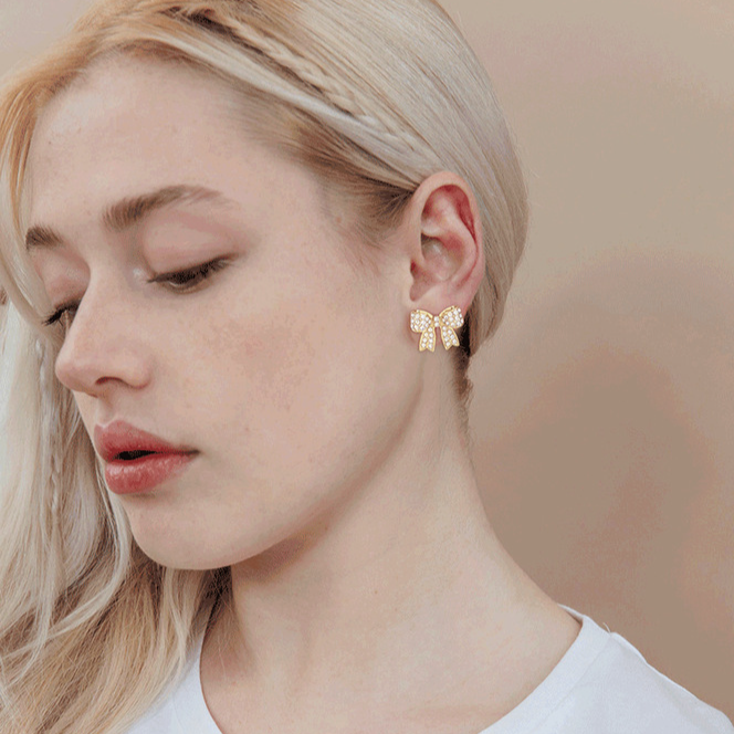 Fashion copper plated real gold inlaid zircon bow earrings temperament style exquisite female ear jewelry_voghion.com
