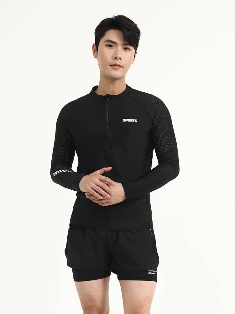 Herren-Badeanzugset mit Netzärmeln, geteiltes, langärmeliges, sonnenschützendes, schnell trocknendes Schwimmtrainingsset für Erwachsene in großer Größe_voghion.com