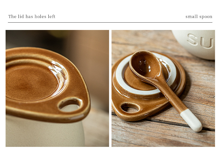 Barattolo per condimenti in ceramica retrò con coperchio, cucchiaio, barattolo per sale e strutto_voghion.com