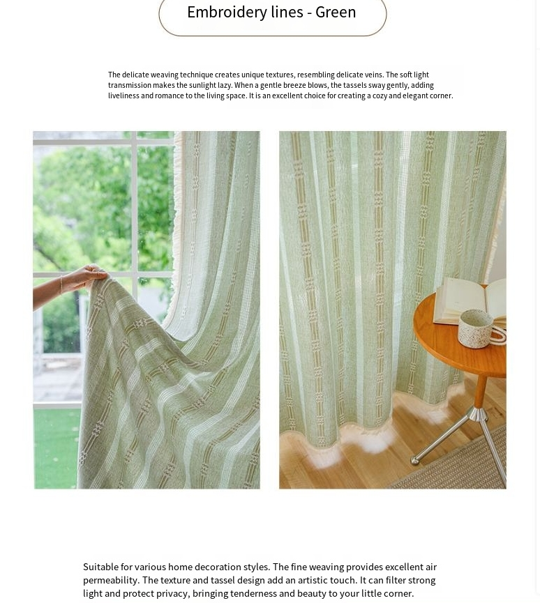 Cortinas de mistura de linho japonês - Painel de janela semitransparente com listras bordadas para cozinha/quarto, vários tamanhos e cores, bolso para haste/ganchos/ilhós_voghion.com