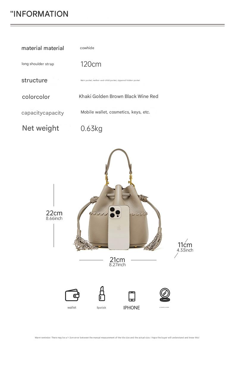KOSE High-grade First-layer Cowhide Bucket Bag New Genuine Leather Women's Bag Tassel Niche Drawstring Shoulder Messenger Bag_voghion.com