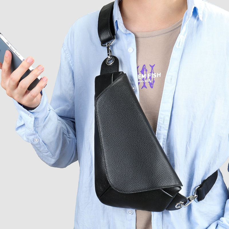 Sac de poitrine en cuir véritable pour homme - Sac à dos élégant à bandoulière pour un usage quotidien, imperméable et durable, petit sac à dos en cuir de vache noir_voghion.com