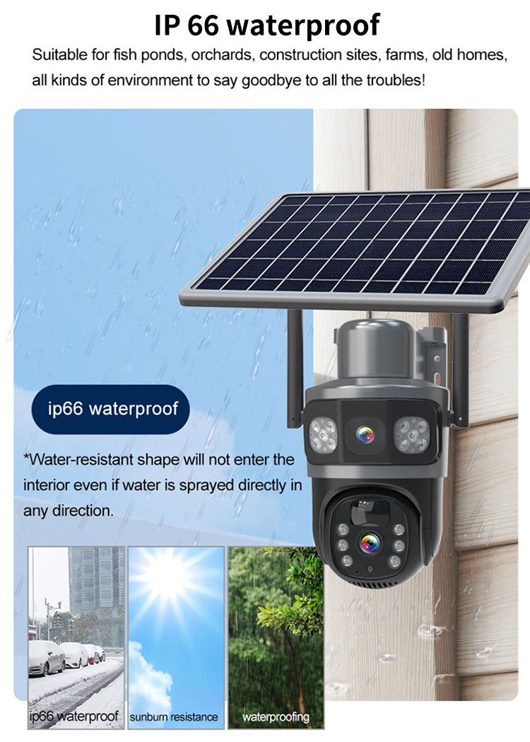 Cámara de seguridad solar 4G/WiFi con doble lente, visión nocturna HD de 6 MP, resistencia al agua IP66, monitoreo remoto, energía solar para vigilancia del hogar en exteriores._voghion.com