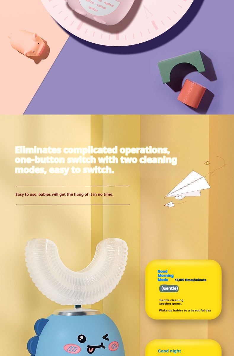 Cartoon Little Dinosaur U Shaped Children's Electric Toothbrush 3 6 12 Years Old With Toothpaste Rechargeable Waterproof Sonic Baby Toothbrush_voghion.com