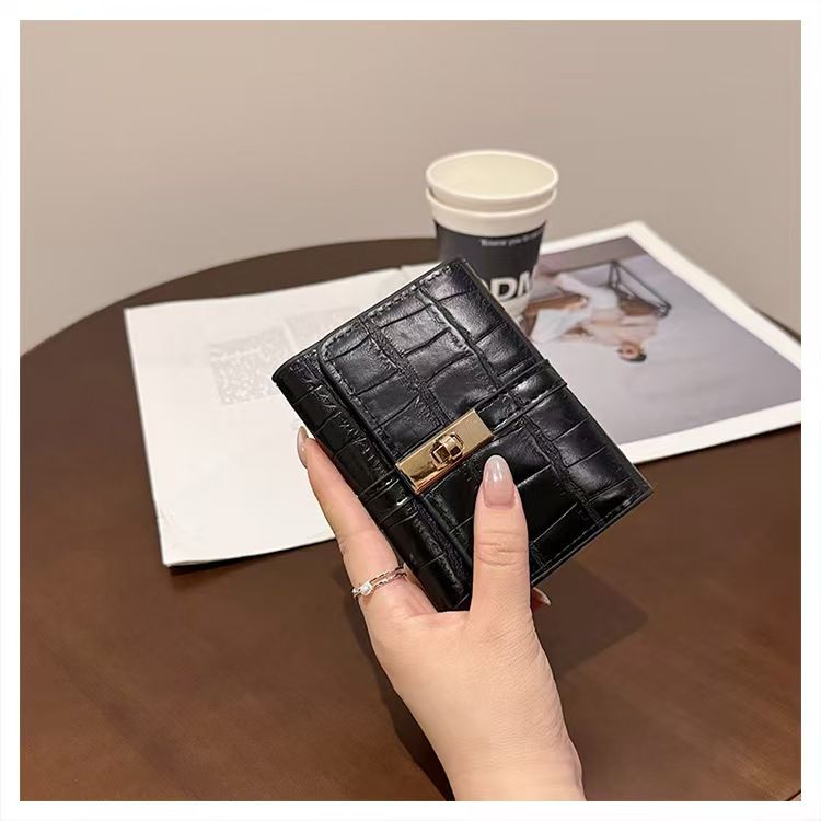 Portafogli da donna in pelle nera con chiusura a scatto, portafoglio lungo bifold in pelle, portafogli corti, portafogli mini_voghion.com