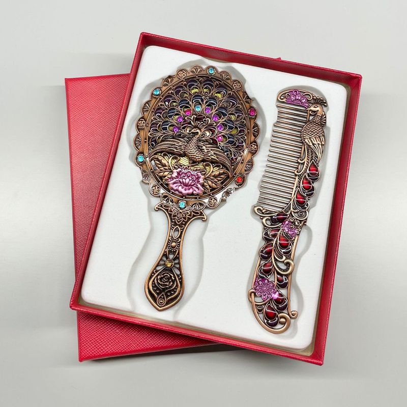 Creativo retrò pavone che allarga la coda piccolo specchio con manico in metallo specchio per il trucco specchio portatile set pettine regalo per festival_voghion.com