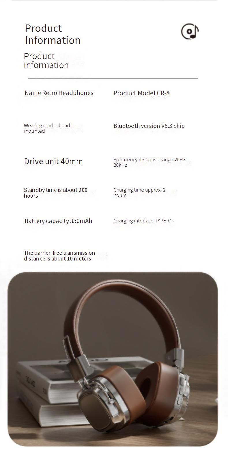 Wireless Bluetooth 5.3 Over-Ear Headphones With Deep Bass, Retro Style, Lightweight Comfort For Music, Gaming & Work_voghion.com