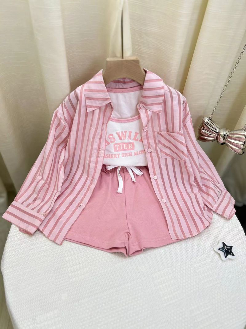 Kid's Clothing 2024 early autumn new girls' casual striped sunscreen shirt stylish vest shorts three piece set_voghion.com