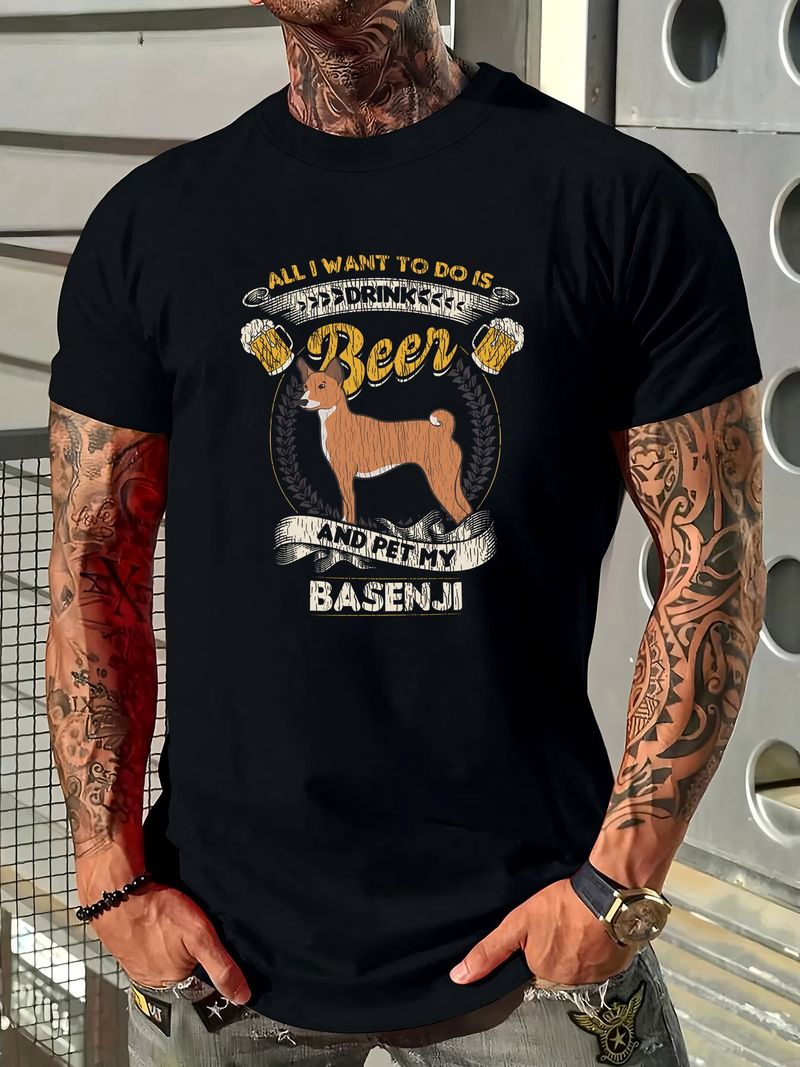 Alles, was ich will, ist Bier trinken und meinen Basenji streicheln – Lustiges T-Shirt für jeden Tag – Designer-Kleidung, stylisch, dehnbar, Grafik, weich_voghion.com