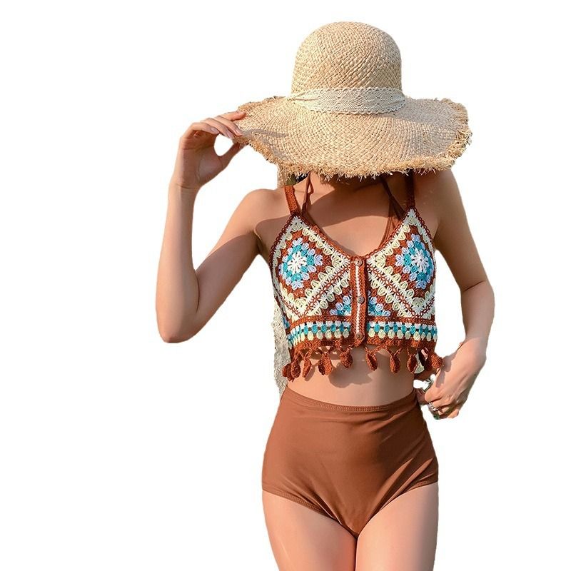 Coffee Color Three-Piece Set Korean 2024 New Knitted Tassel Sexy Hot Spring Vacation Two-Piece Swimsuit For Women_voghion.com