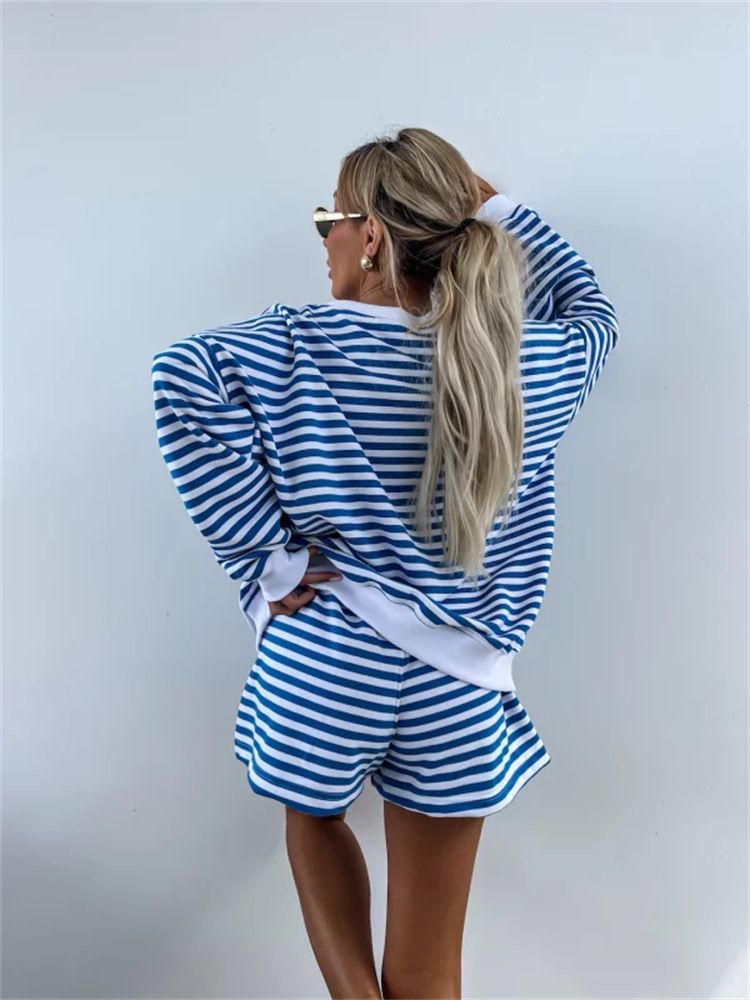 Ensemble 2 pièces décontracté à rayures pour femme, haut ample à manches longues et col en V, short de sport_voghion.com
