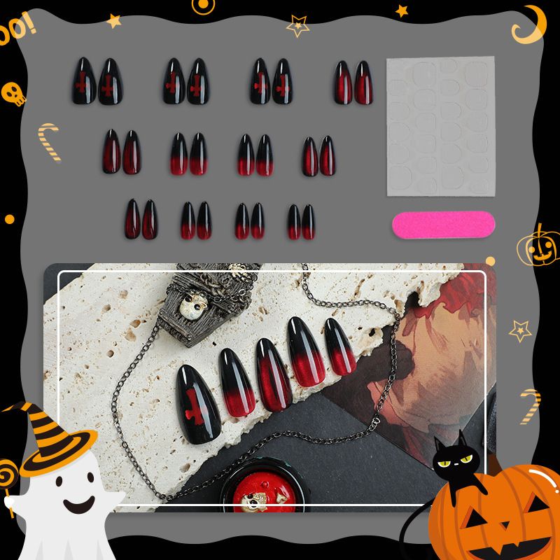 Lot de 24 faux ongles œil de chat en amande, dégradé foncé, style Halloween, à porter sans modération._voghion.com