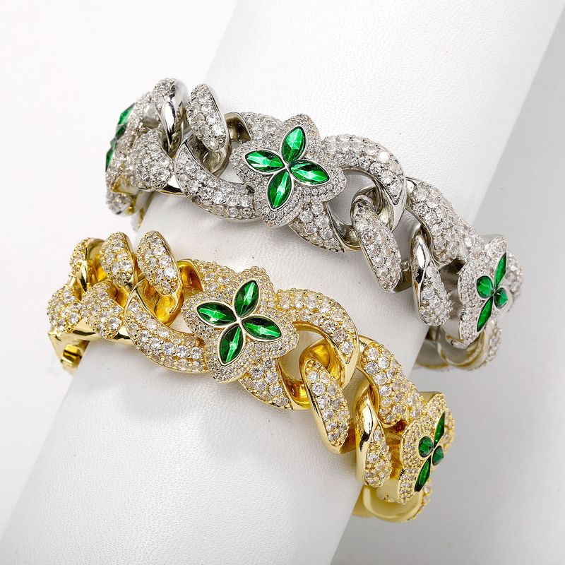Herrenschmuck, kubanisches Gliederarmband mit vierblättrigem Kleeblatt, grünem Edelstein, verstellbarer Federverschluss, 17,8–20,3 cm, geometrisches Design, Unisex-Modeaccessoire_voghion.com