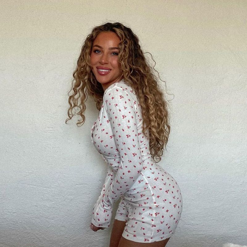 Damenbekleidung Lässiger Komfort Blumendruck Nischen Langarm Knopf Tiefer Ausschnitt Slim Fit Figurformender Overall_voghion.com