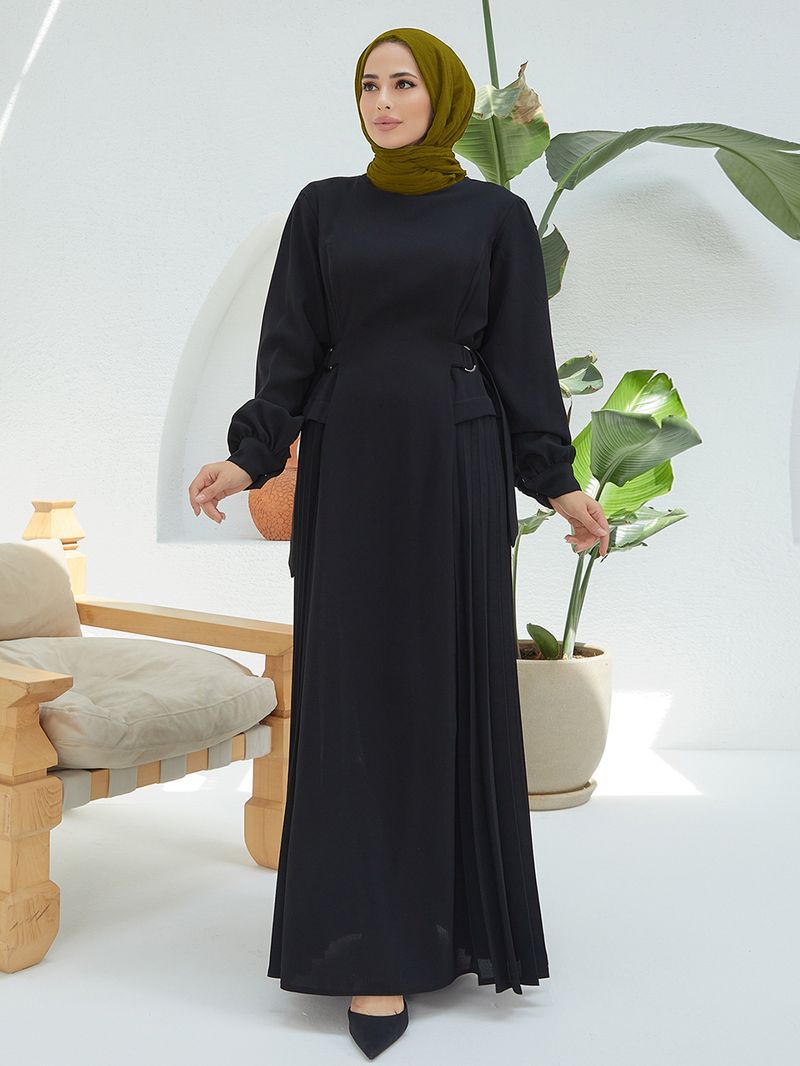 Damenbekleidung Langer Rock Kaftan Laternenärmel Taille Plisseekleid_voghion.com