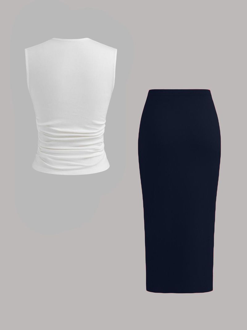 2025 Spring And Summer New Ribbed Ruffles Drawstring Slit Midi Skirt White Printed Square Neck Top Set_voghion.com