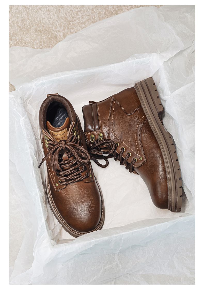Men's Retro Tooling Boots High-top Short Boots Thick-soled Heightening Martin Boots American Retro Leather Boots_voghion.com