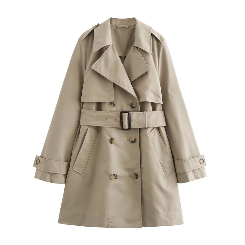 Elegante trench corto con cintura per donna - Capospalla street fashion con colletto polo e tasche - Giacca leggera in poliestere color cachi_voghion.com