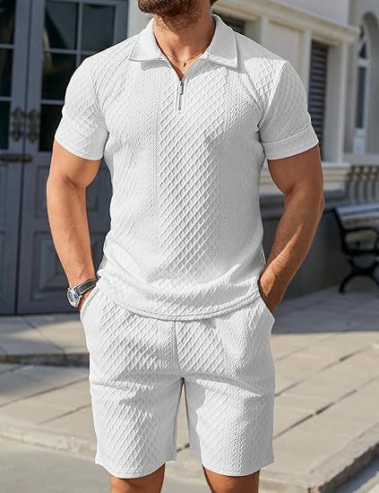 Conjunto de polo y pantalón corto de verano para hombre: tejido jacquard transpirable, ropa deportiva informal, tallas S-XXXL (blanco, gris, negro, caqui y azul cielo)_voghion.com
