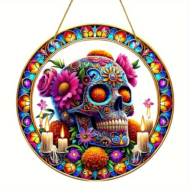 Acchiappasole vibrante a forma di teschio di zucchero - Arte in acrilico colorato da 23 cm. Decorazione festiva per le celebrazioni del Dia de Muertos o per gli spazi dei bar._voghion.com