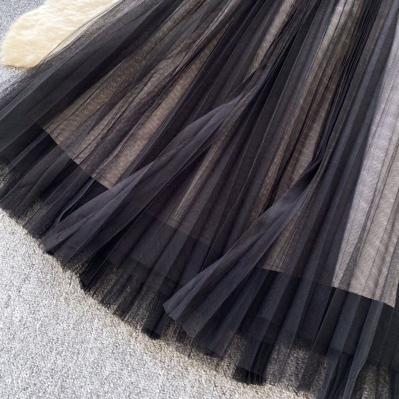 Elegant Two-Piece Set - Tweed Blazer & High-Waist Tulle Skirt (Bow Detail, Black Beaded Trim)_voghion.com