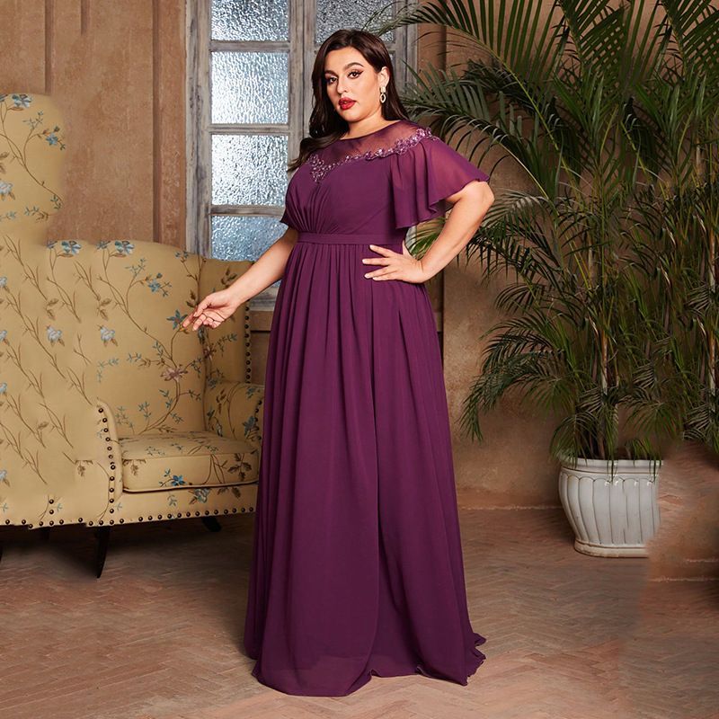 Elegantes Abendkleid in Übergröße für Hochzeit, Brautjungfer und Party – kurzärmliges Abendkleid mit funkelnden Pailletten_voghion.com