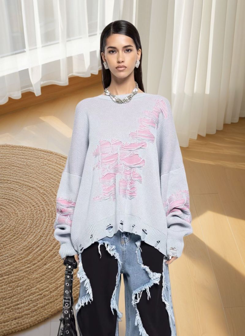 Pull à manches longues style décontracté pour femme, haut tricoté, ample et déchiré_voghion.com
