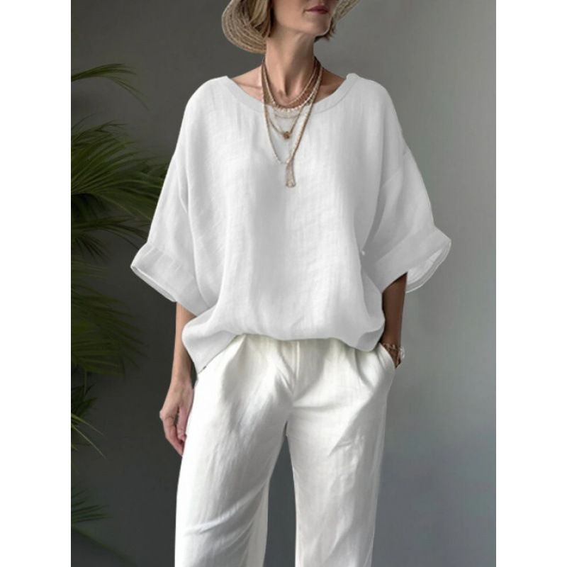 Disponibile in magazzino 2025 Estate Nuovo Colore Solido Comodo Casual Girocollo Cotone Lino Spalle Cadenti Largo Dimagrante Donna_voghion.com