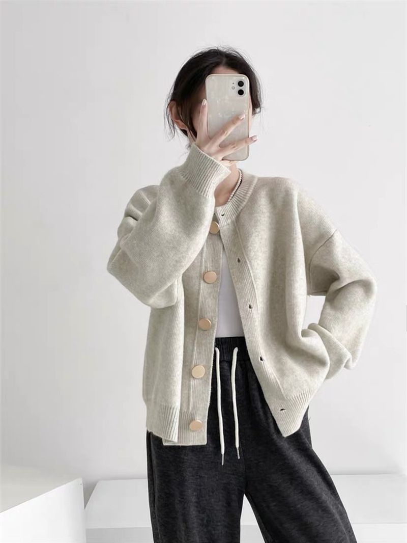 Elegant Single-Button Knit Cardigan For Women – Oversized Boho Chic Cropped Sweater Coat In Soft Round Neck (Coffee Brown, Beige, Oatmeal, Red)_voghion.com