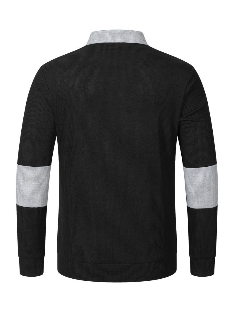 Herren-Poloshirt mit Waffelstrick und Kontrastfarbe, langärmelig – Locker geschnittenes, lässiges Hemd mit Button-Down-Kragen für den Herbst_voghion.com