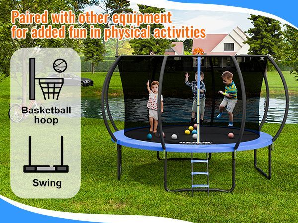 VEVOR 12FT Trampoline, 400 Lbs Trampoline With Enclosure Net, Ladder, And Curved Pole, Heavy Duty Trampoline With Jumping Mat And Spring Cover Padding, Outdoor Recreational Trampolines For Kids Adults_voghion.com