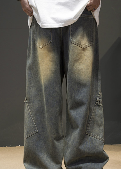 Abbigliamento maschile Pantaloni larghi retrò in denim da uomo, primavera e autunno, multitasche, casual e larghi, da lavoro, da strada_voghion.com
