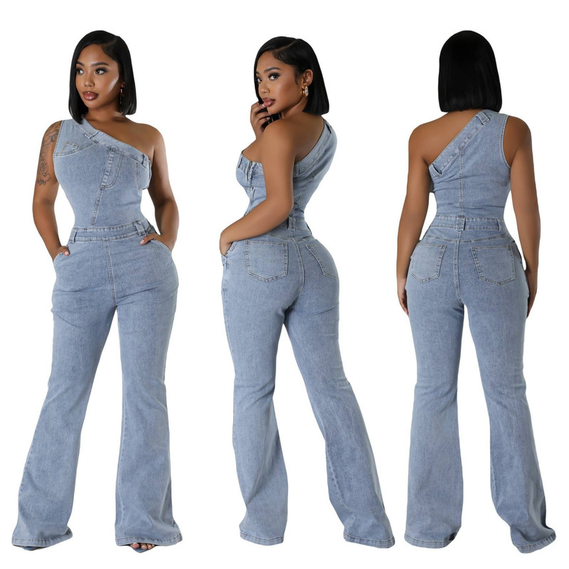Women's Clothing oblique shoulder tight waist slim elastic washed denim jumpsuit jumpsuit flared pants_voghion.com
