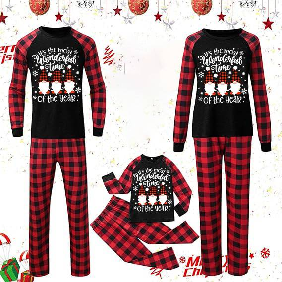 Women's Sleepwears Santa Claus style home clothes with English letters printed parent child clothes with hats, black and red color matching_voghion.com