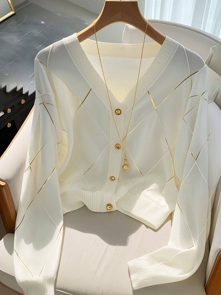 Abbigliamento da donna Cardigan lavorato a maglia bianco Inizio autunno Top a quadri a rombi Giacca a maniche lunghe_voghion.com