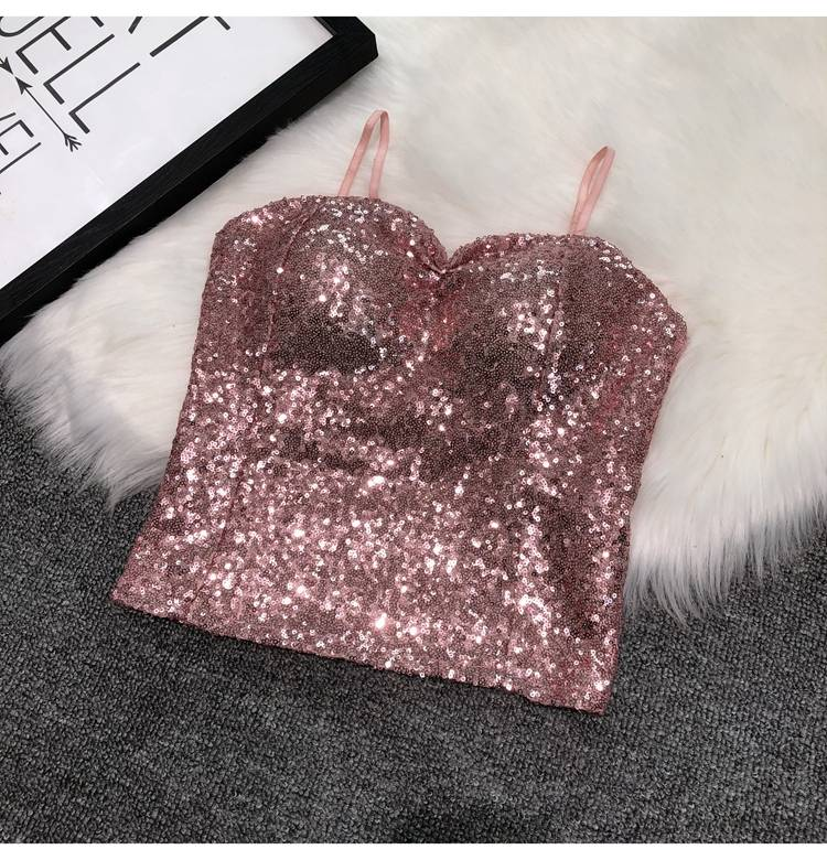 Abbigliamento da donna Cintura sexy Reggiseno imbottito Capispalla Bretelle Paillettes Intimo Corto Top da night club_voghion.com